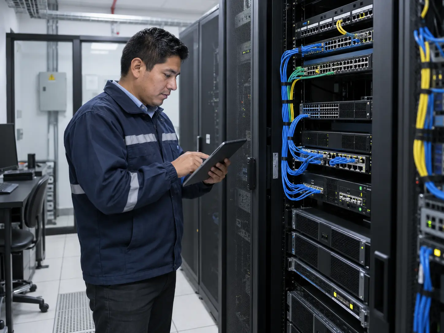 Especialista revisando una infraestructura de servidores y comunicaciones